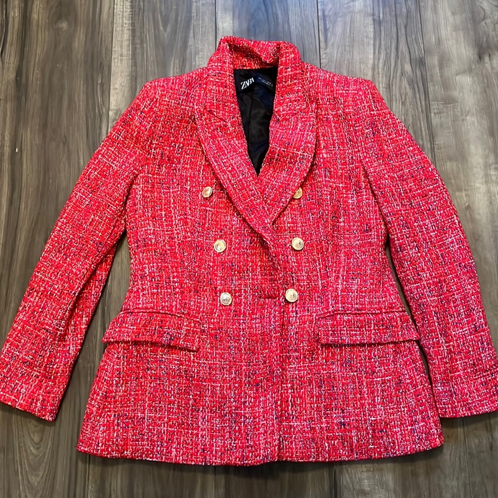 Zara Red Tweed Double-Breasted Blazer
